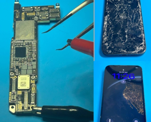 Diagnose en reparatie van kortsluiting op een iPhone moederbord in de werkplaats van iRepair Waterland.