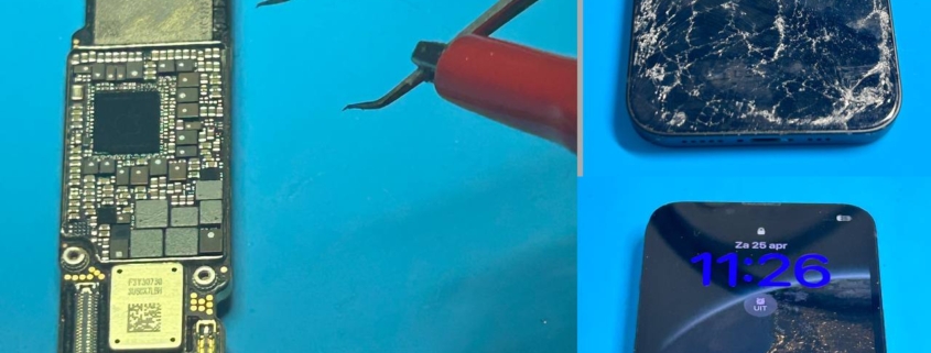 Diagnose en reparatie van kortsluiting op een iPhone moederbord in de werkplaats van iRepair Waterland.