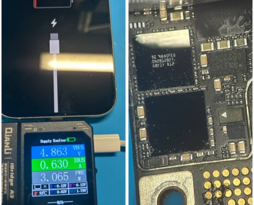 Soldeerwerkzaamheden aan het moederbord van een iPhone 15 in de werkplaats van iRepair Waterland.