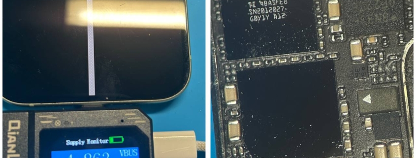 Soldeerwerkzaamheden aan het moederbord van een iPhone 15 in de werkplaats van iRepair Waterland.