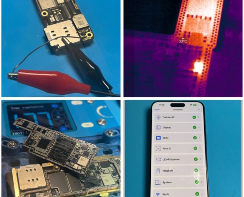 Microscopische weergave van een iPhone 15 Pro Max moederbord reparatie in de werkplaats van iRepair Waterland.