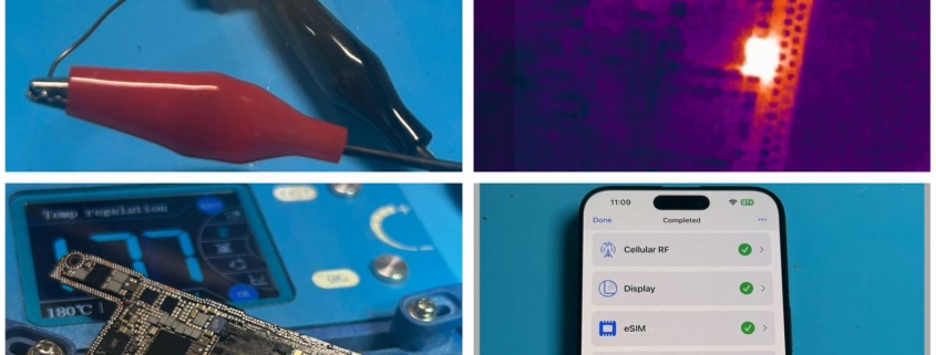 Microscopische weergave van een iPhone 15 Pro Max moederbord reparatie in de werkplaats van iRepair Waterland.